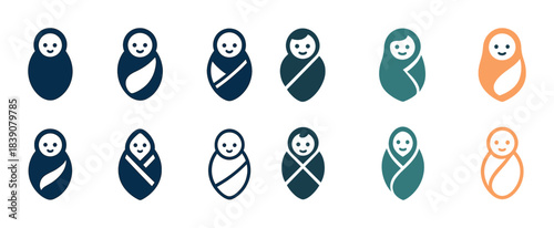 Set of cute baby icons wrapped in swaddles in various colors