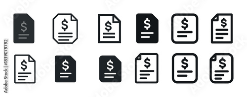 Set of ten minimalist money document icons in various styles