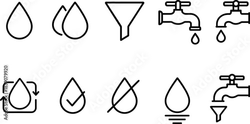 Water faucet and filtration icons set. Drops, taps, eco water filters, plumbing outline symbols