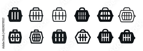 Set of various pet carrier icons in multiple designs and styles