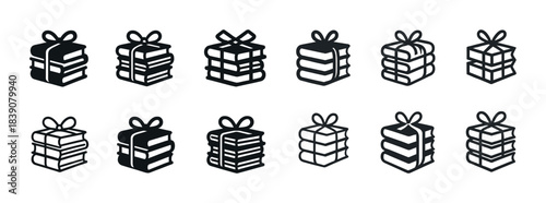 Set of twelve black and white gift box icons with bows in various styles