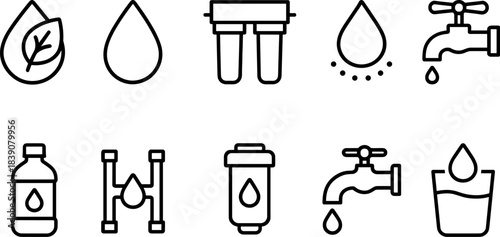 Water faucet and filtration icons set. Drops, taps, eco water filters, plumbing outline symbols