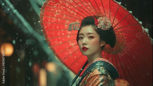 Maiko Holding Red Umbrella in Snow Looking at Camera