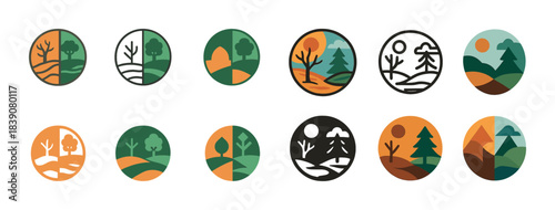 Abstract seasonal landscape icons in earth tones with nature themes