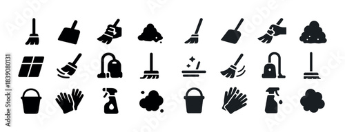 Cleaning tools icon set: broom, mop, gloves, vacuum, bucket, spray, dust