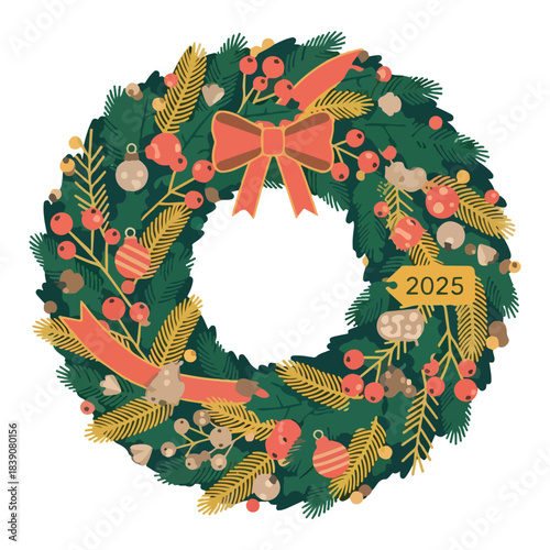 Festive Christmas Wreath with a Bow and 2025 Tag, Decorated with Ornaments and Berries