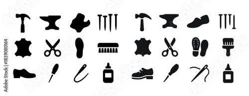 Collection of blacksmith and shoemaking silhouettes: tools and materials