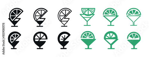 Minimalist cocktail icons featuring citrus wedges in black and green designs