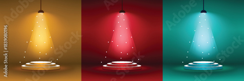 Colored stage spotlights with blue red and purple lighting effects on circular platforms vector illustration