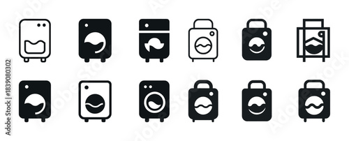 Collection of twelve minimalistic washing machine icon designs in black and white