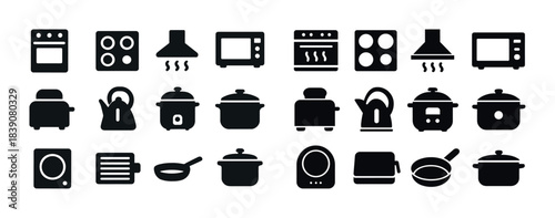 Black silhouette icons of kitchen appliances and cookware