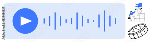 Audio playback, sound design, financial planning, business solutions, user interface, digital media. A blue play button with sound waves, a seated figure on blocks and a coin graphic. Audio playback
