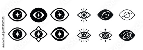 Set of abstract eye icons with cosmic elements and symbols