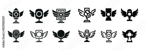 Set of winged trophy icons in black and white
