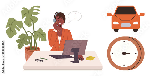 Customer service agent with headset assisting clients at desk, next to computer, car, clock, and plant. Ideal for customer support, time management, transportation, efficiency professionalism