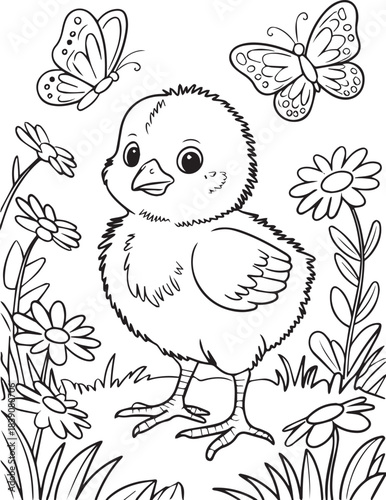 Cute Baby Chick Exploring Spring Garden Scene