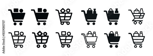Set of twelve shopping cart icons in different styles