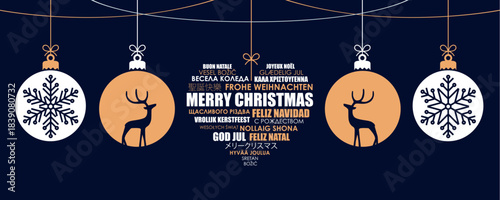 christmas greeting card with decorative christmas balls with reindeer vector illustration