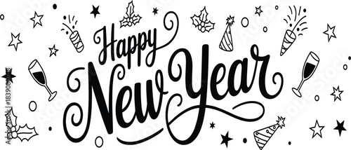 Stylish Happy New Year calligraphy typography banner decorated with holly, stars, party hats, and champagne glasses, black outline illustration