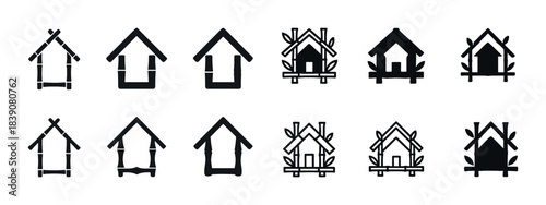 Black house icons with nature motifs and leaf elements