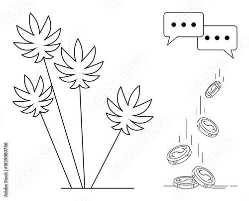 Cannabis industry, financial transactions, online communication, e-commerce, trade, economy. Leaves, speech bubbles and coins falling. Cannabis industry and financial transactions concept