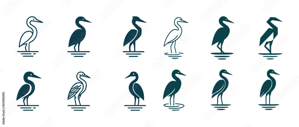Fototapeta premium Stylized bird silhouettes: elegant heron and crane designs in minimalist art