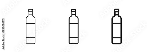 A tall glass bottle suitable for representing liquor, liqueur, vinegar, balsamic dressing, or general beverage packaging. Thin, regular, and bold outline styles. For ui ux, web design. Vector