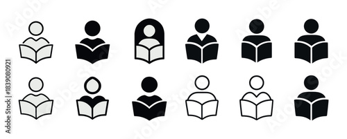 Silhouette icons of people in various poses reading books