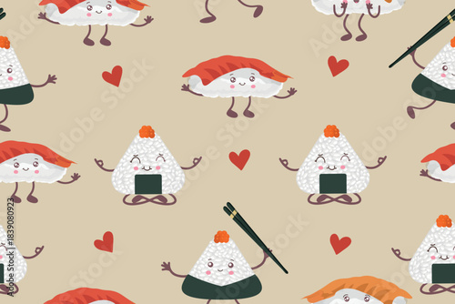  Seamless vector pattern featuring adorable  sushi and onigiri characters with happy expressions. Perfect for Japanese-themed designs, textiles