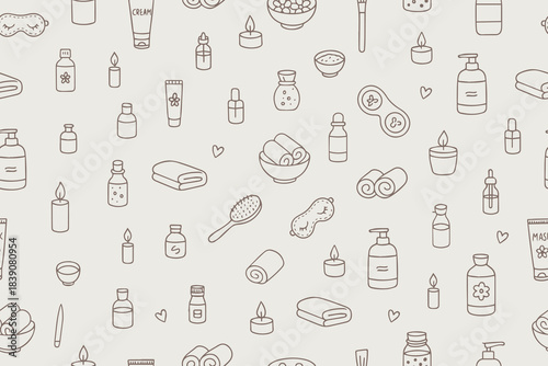 Seamless pattern vector illustration of spa icons including candles, towels, lotions, and essential oils. Line art design perfect for beauty and relaxation themes.
