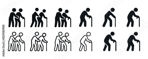 Set of elderly stick figures with walking canes in various poses