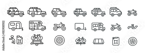 Outline icons of vehicles and accessories: trucks, suvs, motorcycles, trailers, bicycles, fuel cans