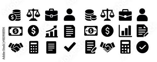 Finance and business icon set featuring money, scales, briefcase, and graphs
