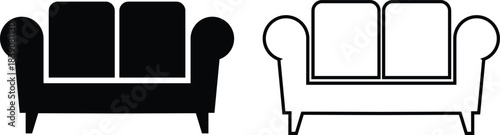 Furniture and chair icons set, collection of sofa, armchair, dining chair bar stool lounge seat, director chair table and seating symbols in solid and outline vector isolated on transparent background