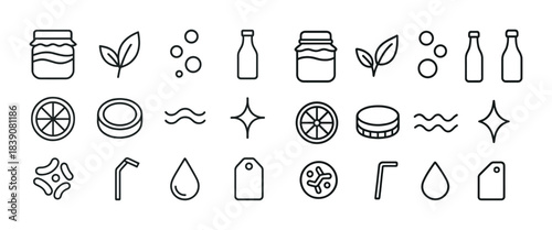 Organic product icons set: jars, bottles, leaves, citrus, tags, and more