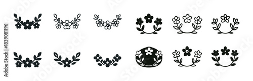 Black floral silhouettes collection: decorative vector elements set