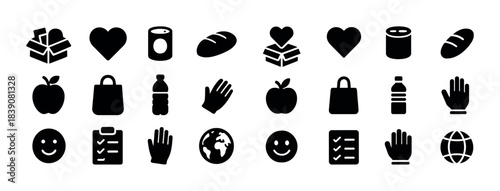 Collection of food, shopping, and symbol icons in black silhouette style