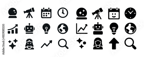 Set of black icons: astronomy, technology, growth, calendar, clocks, graphs