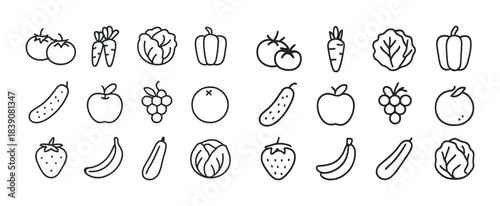 Collection of hand-drawn fruit and vegetable outlines in rows