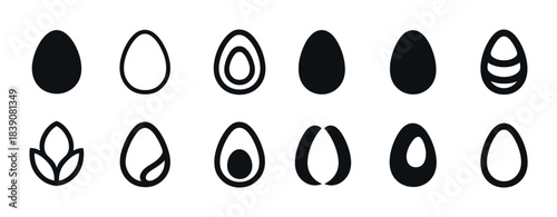 Collection of twelve abstract black and white egg icons