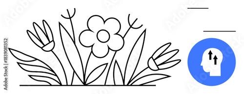 Growth concept. Black and white floral design combined with a blue circular symbol upward growth and thinking. Growth for nature, self-improvement, business, education, and innovation