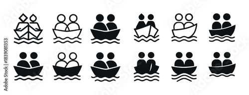 Set of simple minimalist boat icons with two figures on water
