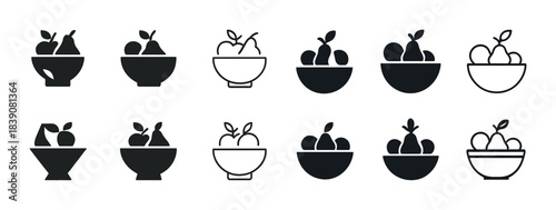 Monochrome fruit bowl icons: pears, apples, and citrus designs