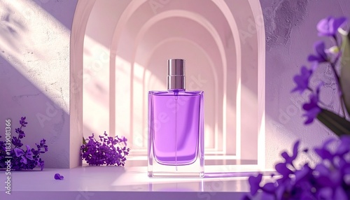 Purple Perfume Bottle in Abstract Tunnel of Arched Structures with Gradient Lighting