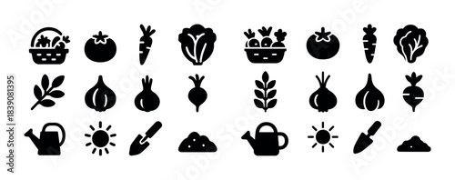 Garden icon set: vegetables, tools, plants, sun, basket, watering can