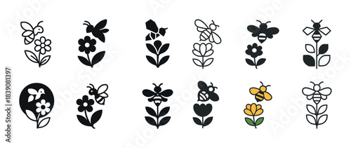 Collection of bee and flower icon designs in black and yellow