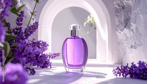 Purple Perfume Bottle in Abstract Tunnel of Arched Structures with Gradient Lighting