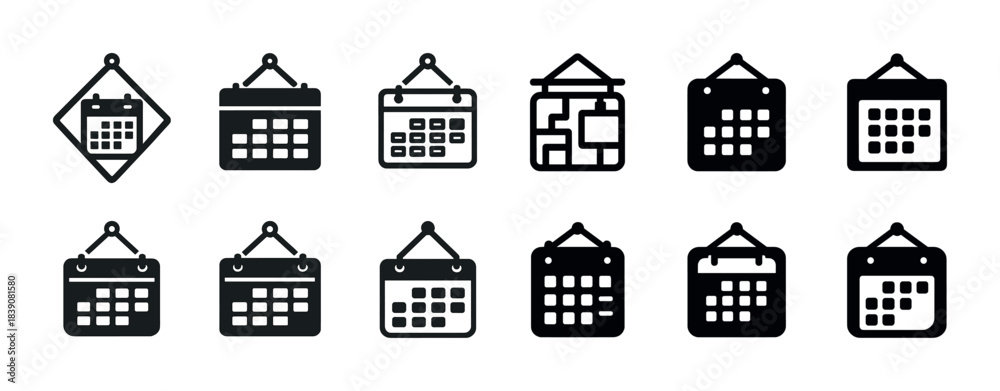 Fototapeta premium Set of 12 hanging calendar icons in various styles and designs
