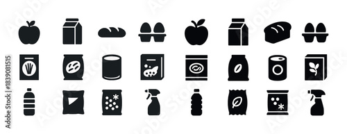 Black silhouette icons of food and beverage products: milk, bread, eggs, snack packaging