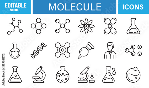 Modern Outline Molecule Icon Pack Representing Chemistry Tools, Molecular Bonds, Laboratory Equipment, and Scientific Elements